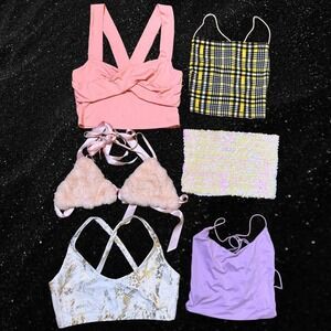 Lot XS / S 6x Girly Tank Crop Tops Set Sequin Iridescent Pink Plaid Vegan‎ Fur